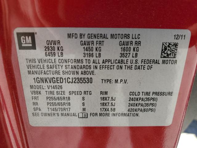 1GNKVGED1CJ235530 - 2012 CHEVROLET TRAVERSE LT RED photo 13