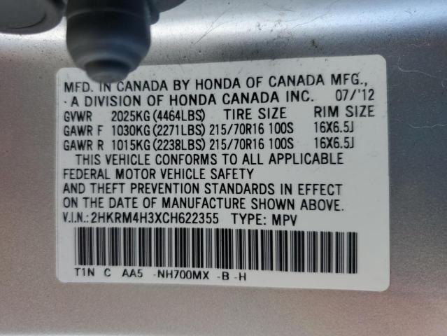 2HKRM4H3XCH622355 - 2012 HONDA CR-V LX SILVER photo 12