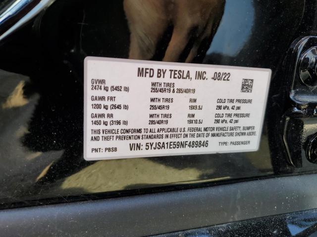 5YJSA1E59NF489846 - 2022 TESLA MODEL S Սև լուսանկար 12