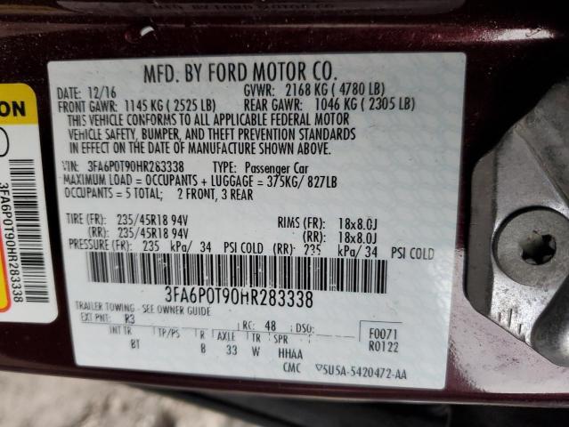 3FA6P0T90HR283338 - 2017 FORD FUSION SE BURGUNDY photo 12