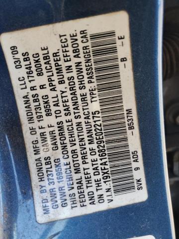 19XFA16829E022175 - 2009 HONDA CIVIC EX BLUE photo 12