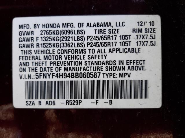 5FNYF4H94BB060587 - 2011 HONDA PILOT TOURING MAROON photo 13