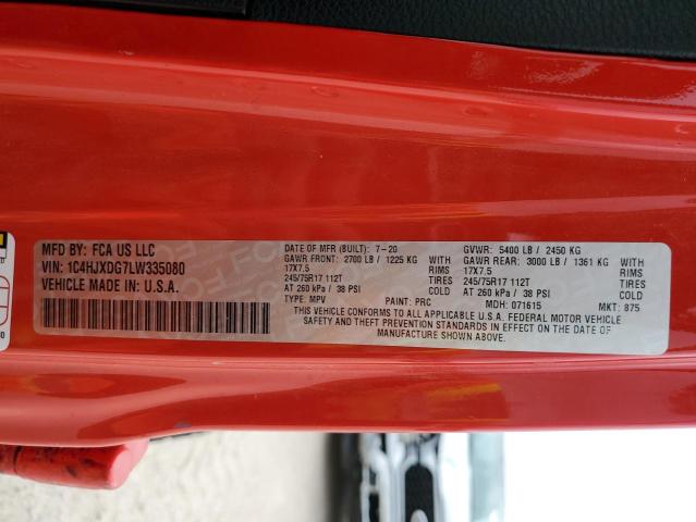 1C4HJXDG7LW335080 - 2020 JEEP WRANGLER U SPORT წითელი ფოტო 12