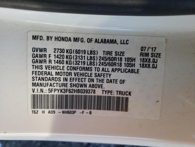 5FPYK3F62HB039378 - 2017 HONDA RIDGELINE RTL WHITE photo 12