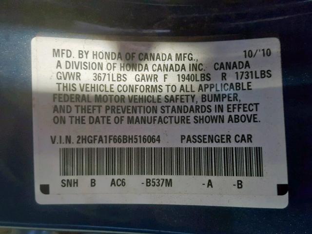 2HGFA1F66BH516064 - 2011 HONDA CIVIC LX-S  صورة 10