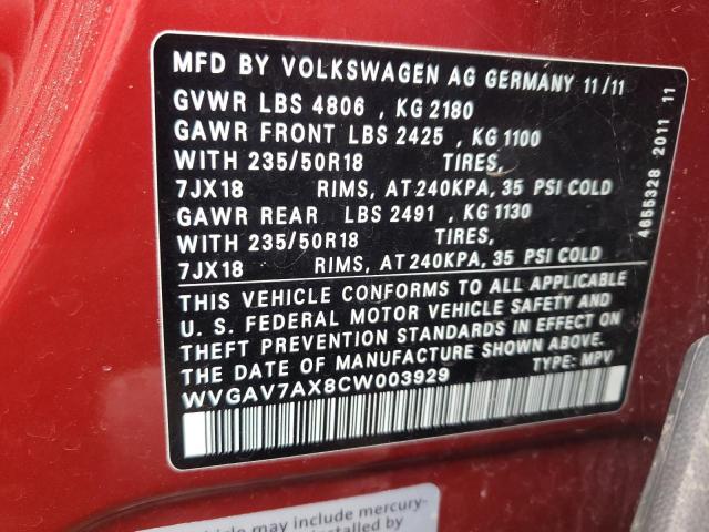 WVGAV7AX8CW003929 - 2012 VOLKSWAGEN TIGUAN S RED photo 12