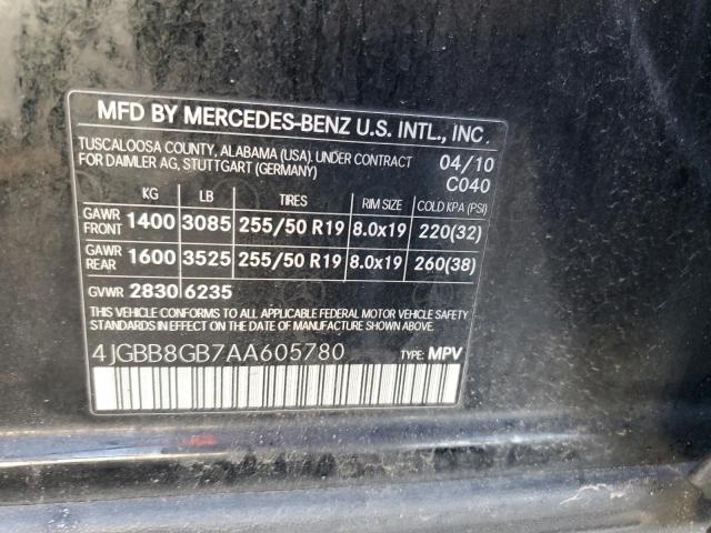 4JGBB8GB7AA605780 - 2010 MERCEDES-BENZ ML 350 4MATIC BLACK photo 12