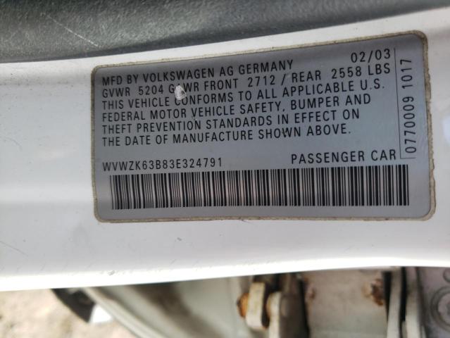 WVWZK63B83E324791 - 2003 VOLKSWAGEN PASSAT W8 4MOTION WHITE photo 12