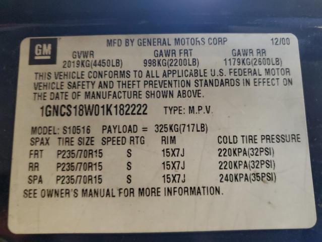 1GNCS18W01K182222 - 2001 CHEVROLET BLAZER BLUE photo 12