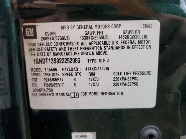 1GNDT13S922252985 - 2002 CHEVROLET TRAILBLAZE GREEN photo 12