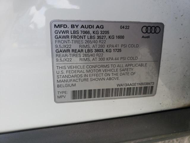 WA13AAGE1NB038473 - 2022 AUDI E-TRON SPORTBACK PRESTIGE WHITE photo 13