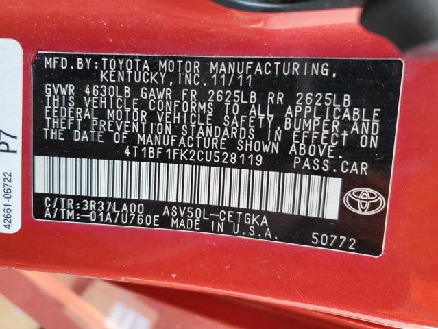 4T1BF1FK2CU528119 - 2012 TOYOTA CAMRY BASE MAROON photo 12