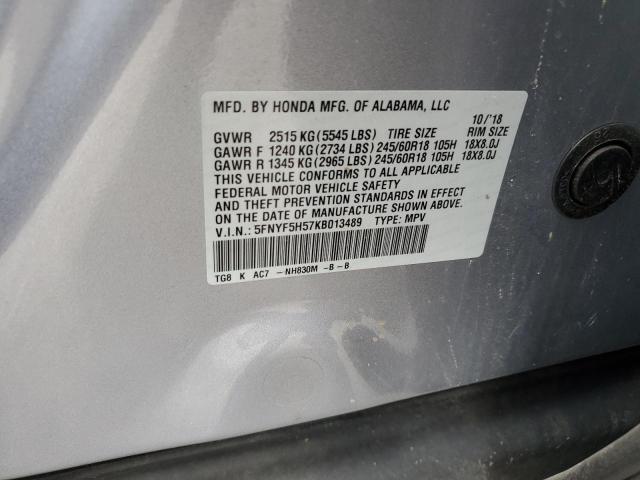 5FNYF5H57KB013489 - 2019 HONDA PILOT EXL SILVER photo 13