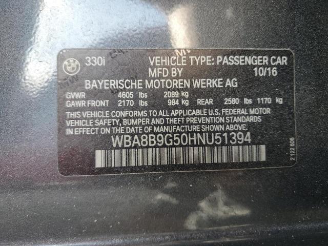 WBA8B9G50HNU51394 - 2017 BMW 330 I GRAY photo 12