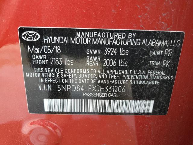 5NPD84LFXJH331206 - 2018 HYUNDAI ELANTRA SEL RED photo 12