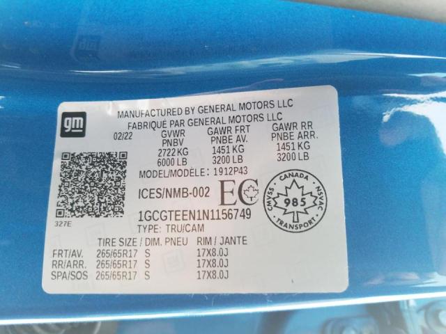 1GCGTEEN1N1156749 - 2022 CHEVROLET COLORADO ZR2 BLUE photo 12