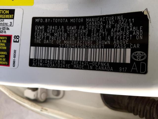 2T1BU4EE5BC586681 - 2011 TOYOTA COROLLA BASE WHITE photo 12
