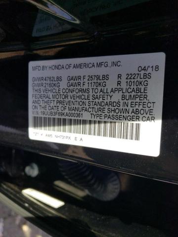 19UUB3F69KA000361 - 2019 ACURA TLX TECHNOLOGY BLACK photo 12