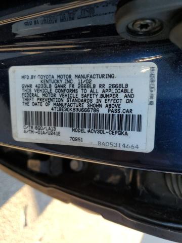 4T1BE30K83U666786 - 2003 TOYOTA CAMRY LE BLUE photo 12