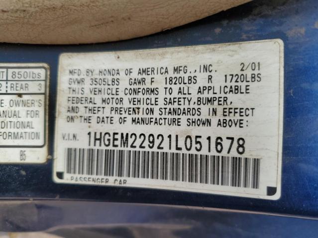 1HGEM22921L051678 - 2001 HONDA CIVIC SI BLUE photo 13