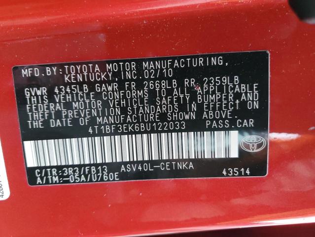 4T1BF3EK6BU122033 - 2011 TOYOTA CAMRY BASE RED photo 12