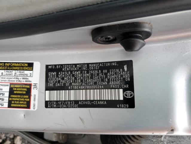 4T1BE46K78U205244 - 2008 TOYOTA CAMRY CE SILVER photo 12