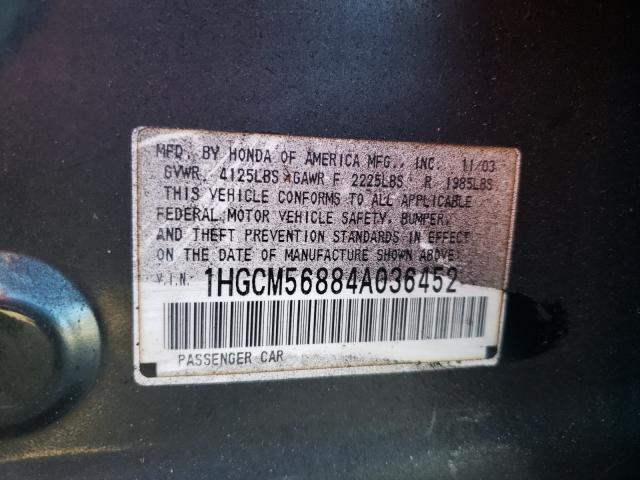 1HGCM56884A036452 - 2004 HONDA ACCORD EX GRAY photo 10