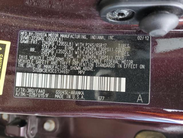5TDBK3EH3CS134697 - 2012 TOYOTA HIGHLANDER BASE Bordeaux photo 13