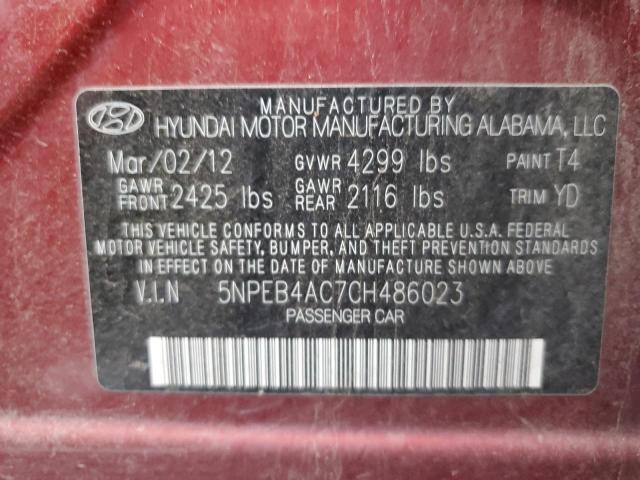 5NPEB4AC7CH486023 - 2012 HYUNDAI SONATA GLS RED photo 12