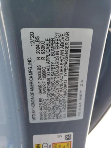 1HGCV2F31MA008413 - 2021 HONDA ACCORD SPORT GRAY photo 12