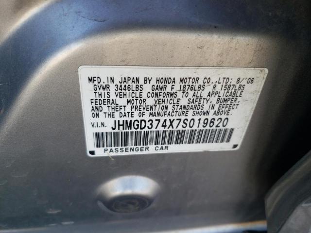 JHMGD374X7S019620 - 2007 HONDA FIT SILVER photo 12