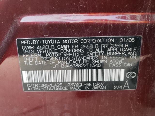 JTHBJ46G882211348 - 2008 LEXUS ES 350 RED photo 12