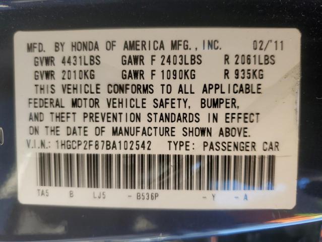 1HGCP2F87BA102542 - 2011 HONDA ACCORD EXL BLUE photo 12