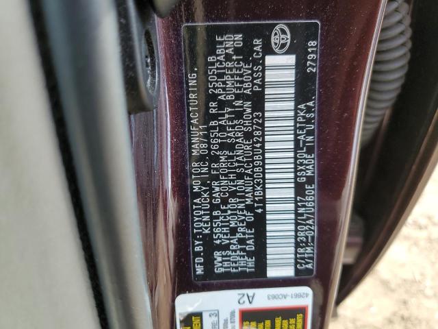 4T1BK3DB9BU428723 - 2011 TOYOTA AVALON BASE 勃艮第红 照片 12
