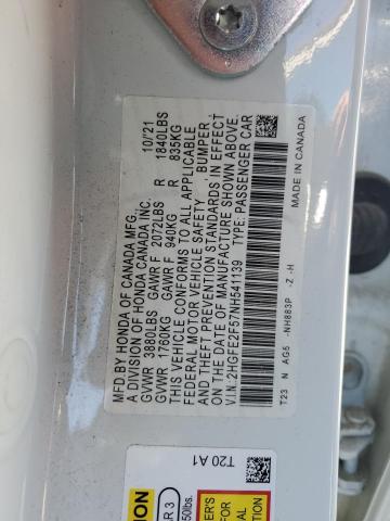 2HGFE2F57NH541139 - 2022 HONDA CIVIC SPORT WHITE photo 12