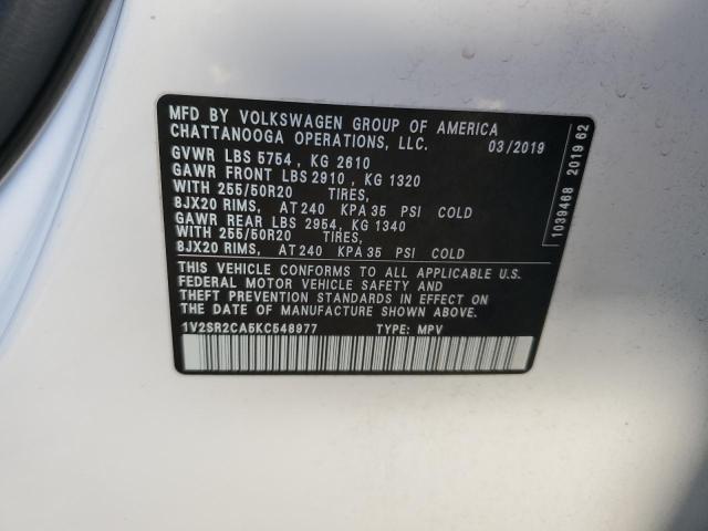 1V2SR2CA5KC548977 - 2019 VOLKSWAGEN ATLAS SEL WHITE photo 13