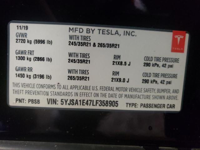 5YJSA1E47LF358905 - 2020 TESLA MODEL S Սև լուսանկար 13