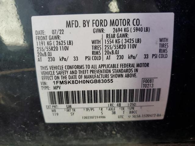 1FMSK8DH0NGB83055 - 2022 FORD EXPLORER XLT BLACK photo 12