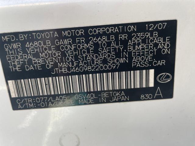 JTHBJ46G982200097 - 2008 LEXUS ES 350 WHITE photo 10