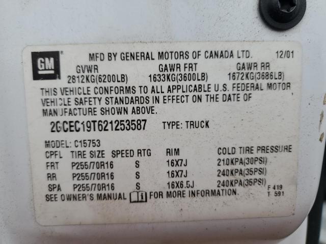 2GCEC19T621253587 - 2002 CHEVROLET SILV1500 2 C1500 WHITE photo 12