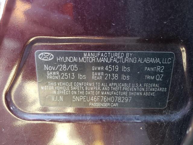 5NPEU46F76H078297 - 2006 HYUNDAI SONATA GLS BURGUNDY photo 12