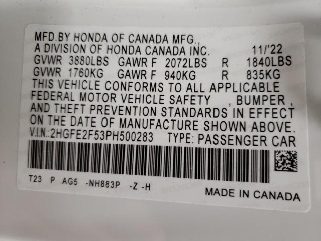 2HGFE2F53PH500283 - 2023 HONDA CIVIC SPORT 白色 照片 12