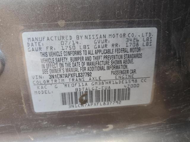 3N1CN7APXFL837792 - 2015 NISSAN VERSA S GRAY photo 12