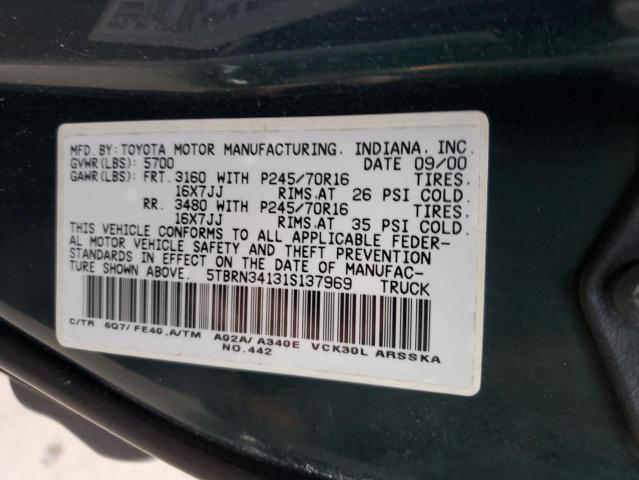 5TBRN34131S137969 - 2001 TOYOTA TUNDRA ACCESS CAB SR5 GREEN photo 12