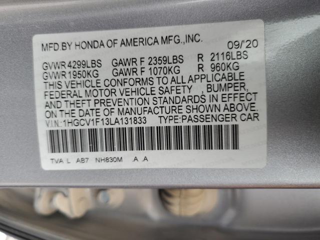 1HGCV1F13LA131833 - 2020 HONDA ACCORD LX SILVER photo 12