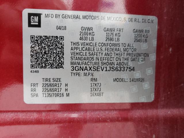 3GNAXSEV1JS633754 - 2018 CHEVROLET EQUINOX LT MAROON photo 13