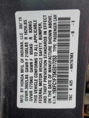 19XFC1F75KE017253 - 2019 HONDA CIVIC EXL ნაცრისფერი ფოტო 12