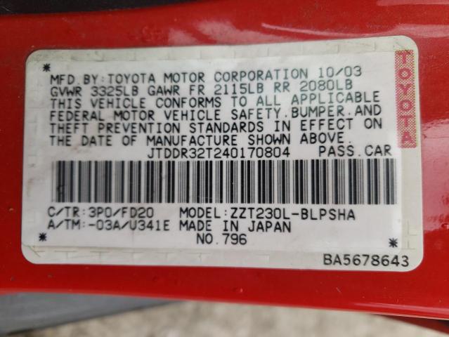 JTDDR32T240170804 - 2004 TOYOTA CELICA GT RED photo 13