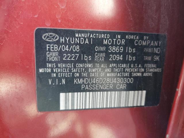 KMHDU46D28U430300 - 2008 HYUNDAI ELANTRA GLS MAROON photo 12