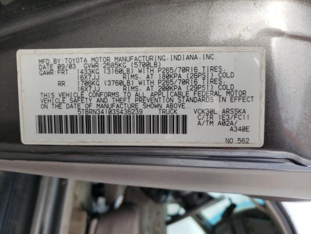 5TBRN34103S436239 - 2003 TOYOTA TUNDRA ACCESS CAB SR5 GRAY photo 12